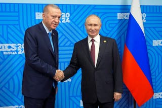 Russia's president Vladimir Putin meets with Turkey's president Recep Tayyip Erdogan on the sidelines of the BRICS summit in Kazan